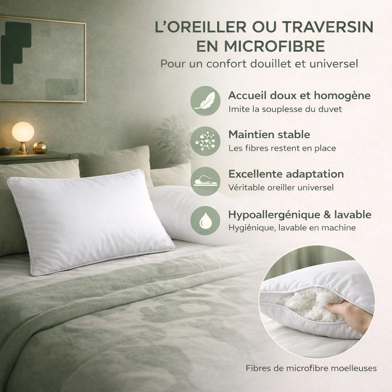 Nova - Oreiller microfibre ergonomique moelleux et respirant