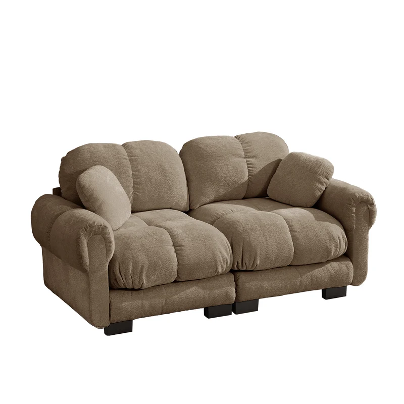 Canapé 2 places en chenille marron, 190 cm, style élégant, assise capitonnée et modulable