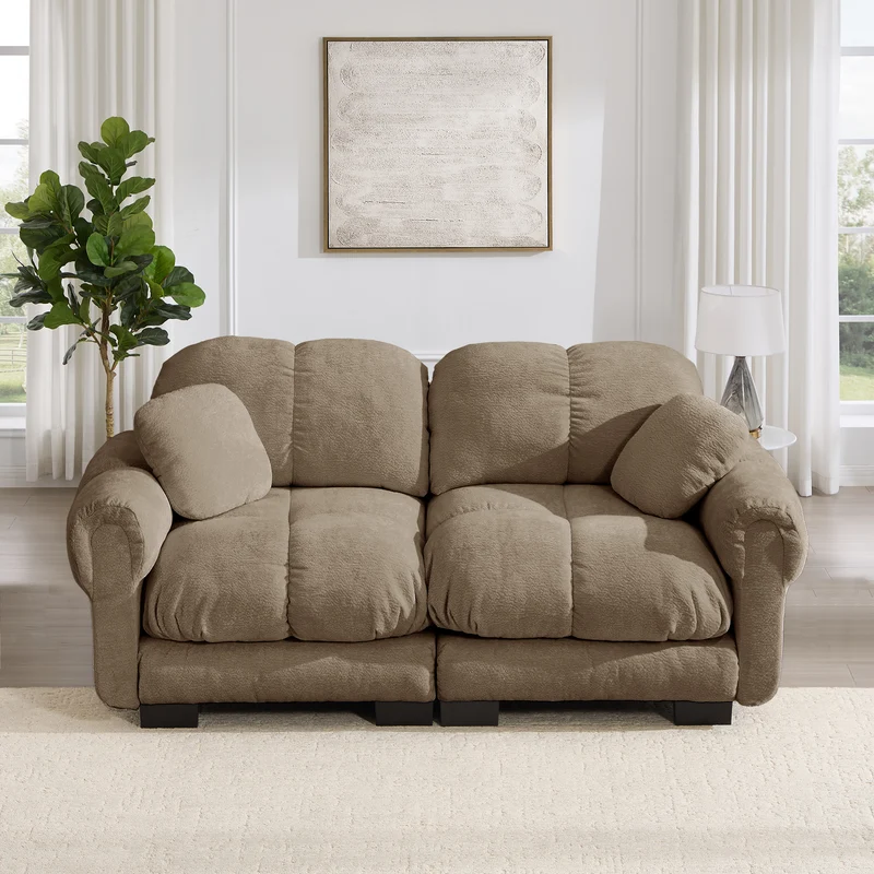 Canapé 2 places en chenille marron, 190 cm, style élégant, assise capitonnée et modulable
