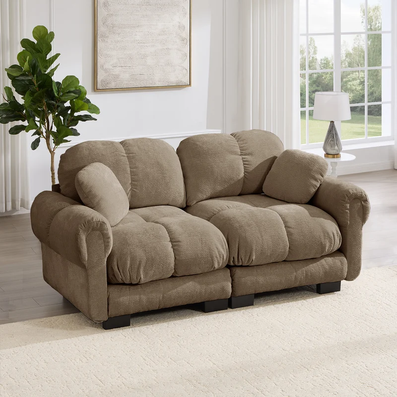 Canapé 2 places en chenille marron, 190 cm, style élégant, assise capitonnée et modulable