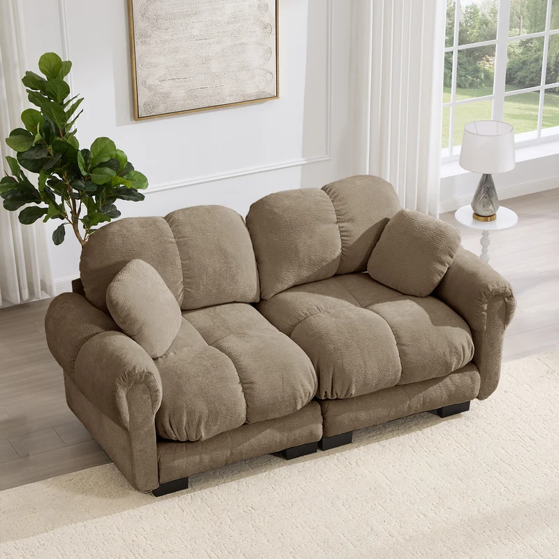 Canapé 2 places en chenille marron, 190 cm, style élégant, assise capitonnée et modulable