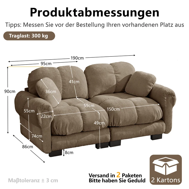 Canapé 2 places en chenille marron, 190 cm, style élégant, assise capitonnée et modulable