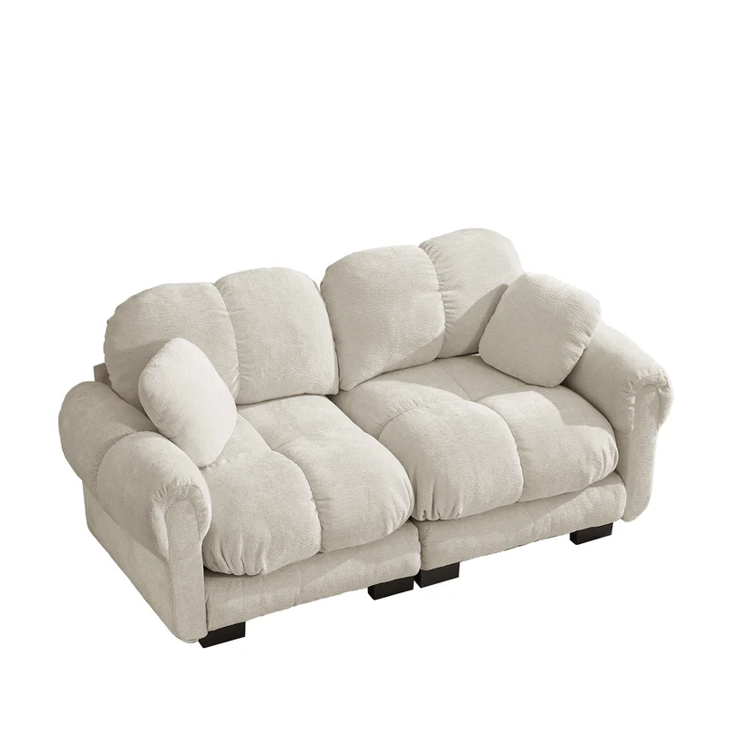 Canapé 2 places modulable en chenille beige kaki clair, 190 cm, assise épaisse et capitonnée