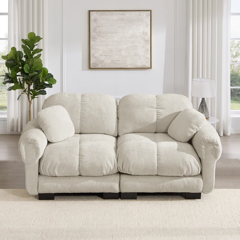 Canapé 2 places modulable en chenille beige kaki clair, 190 cm, assise épaisse et capitonnée
