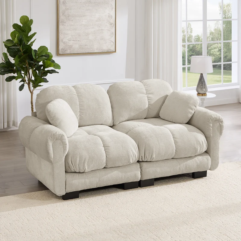 Canapé 2 places modulable en chenille beige kaki clair, 190 cm, assise épaisse et capitonnée