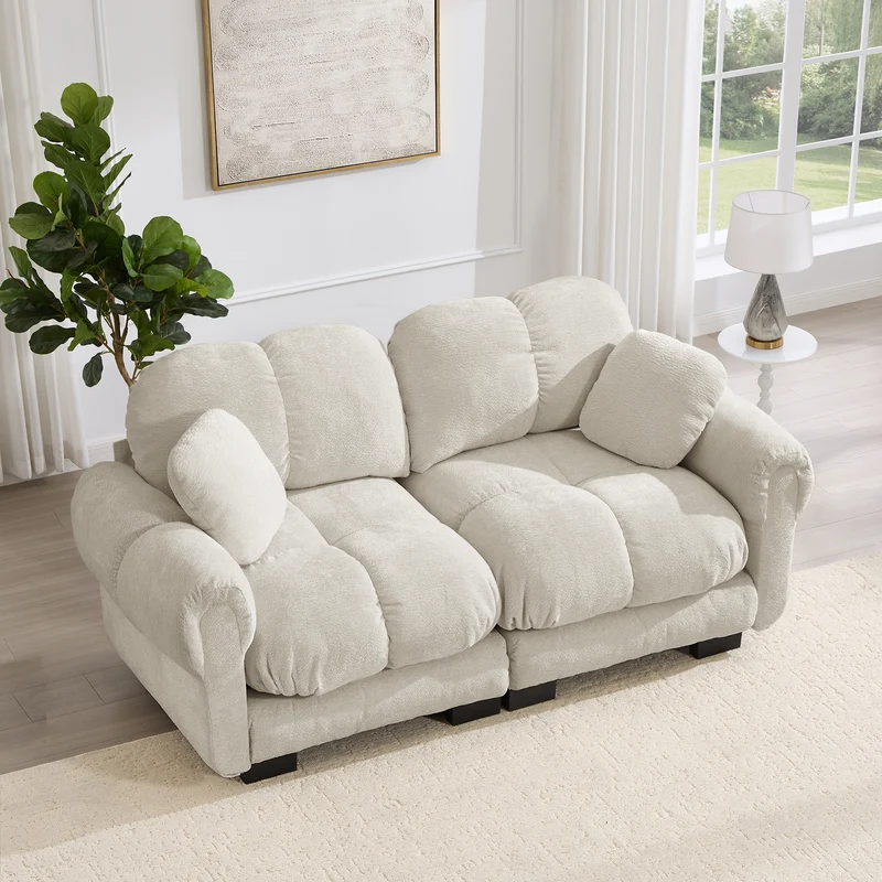 Canapé 2 places modulable en chenille beige kaki clair, 190 cm, assise épaisse et capitonnée