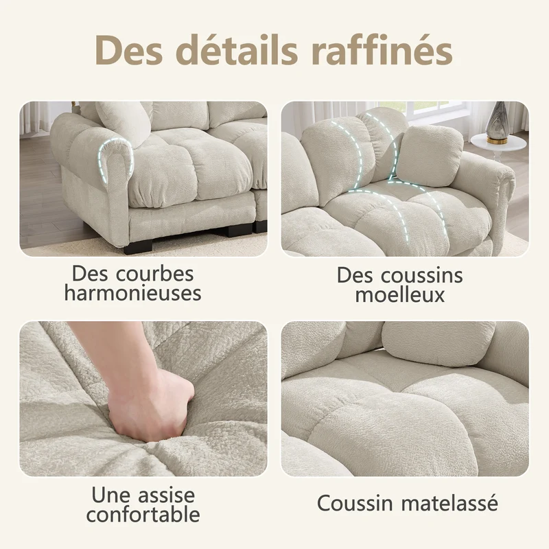 Canapé 2 places modulable en chenille beige kaki clair, 190 cm, assise épaisse et capitonnée