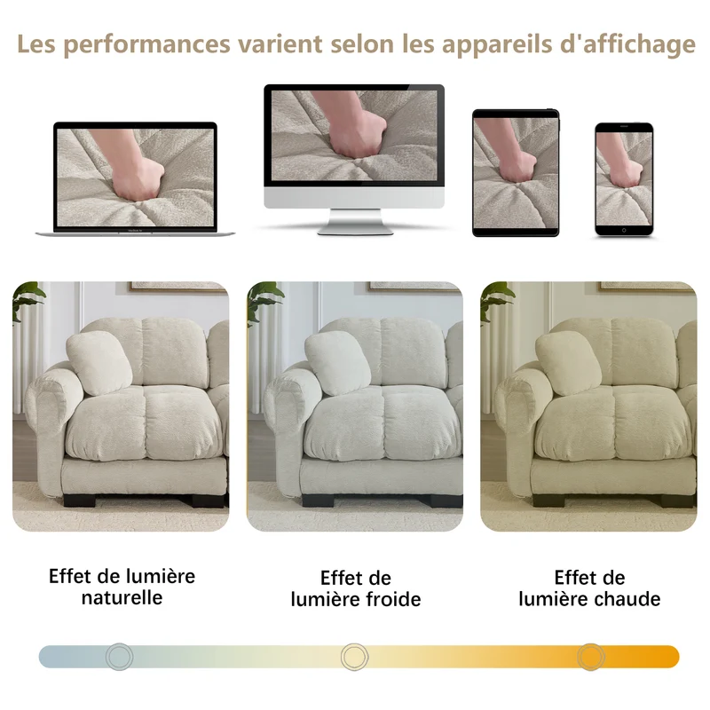 Canapé 2 places modulable en chenille beige kaki clair, 190 cm, assise épaisse et capitonnée