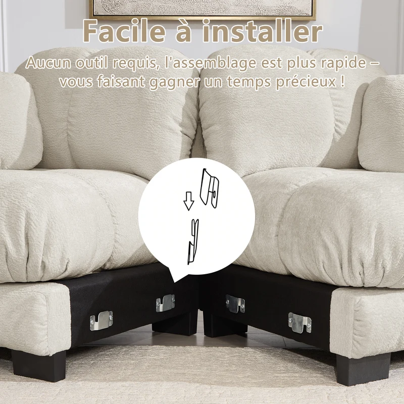 Canapé 2 places modulable en chenille beige kaki clair, 190 cm, assise épaisse et capitonnée