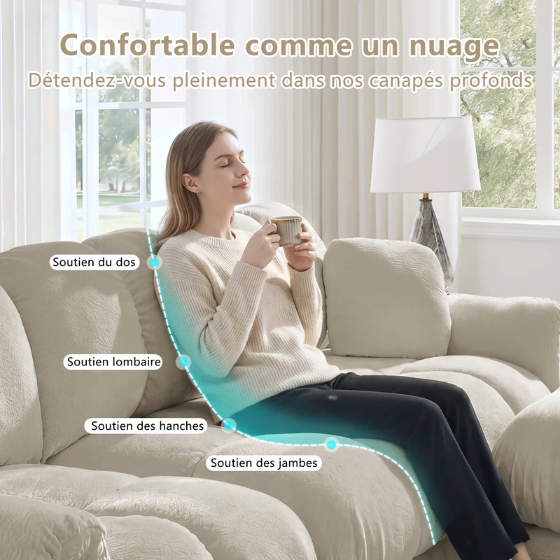 Canapé 2 places modulable en chenille beige kaki clair, 190 cm, assise épaisse et capitonnée