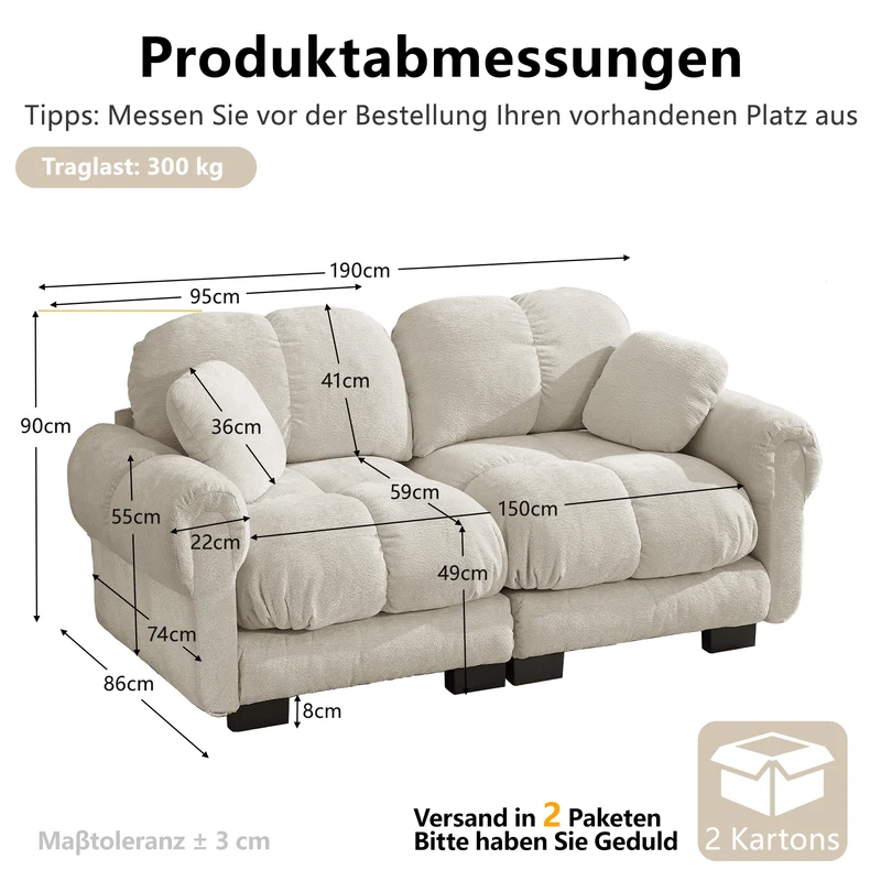 Canapé 2 places modulable en chenille beige kaki clair, 190 cm, assise épaisse et capitonnée