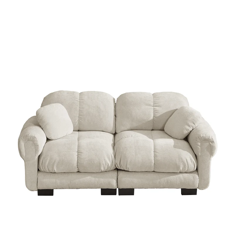 Canapé 2 places modulable en chenille beige kaki clair, 190 cm, assise épaisse et capitonnée