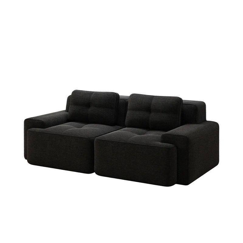 Canapé modulable noir en velours côtelé, 204 cm, assise profonde, style moderne