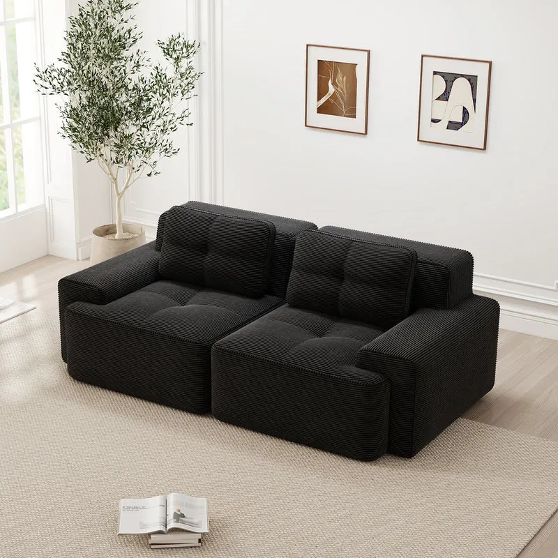 Canapé modulable noir en velours côtelé, 204 cm, assise profonde, style moderne