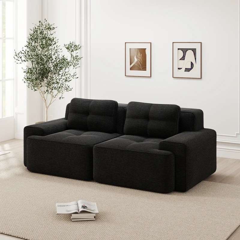 Canapé modulable noir en velours côtelé, 204 cm, assise profonde, style moderne