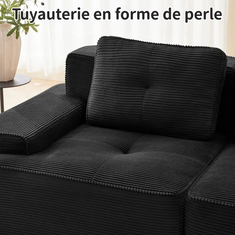 Canapé modulable noir en velours côtelé, 204 cm, assise profonde, style moderne
