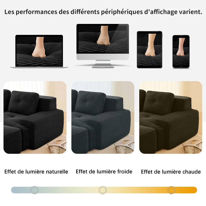 Canapé modulable noir en velours côtelé, 204 cm, assise profonde, style moderne