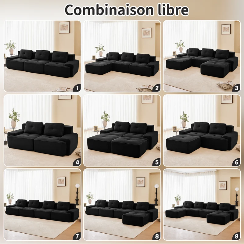 Canapé modulable noir en velours côtelé, 204 cm, assise profonde, style moderne