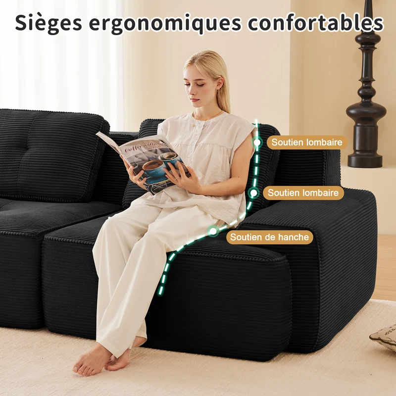 Canapé modulable noir en velours côtelé, 204 cm, assise profonde, style moderne