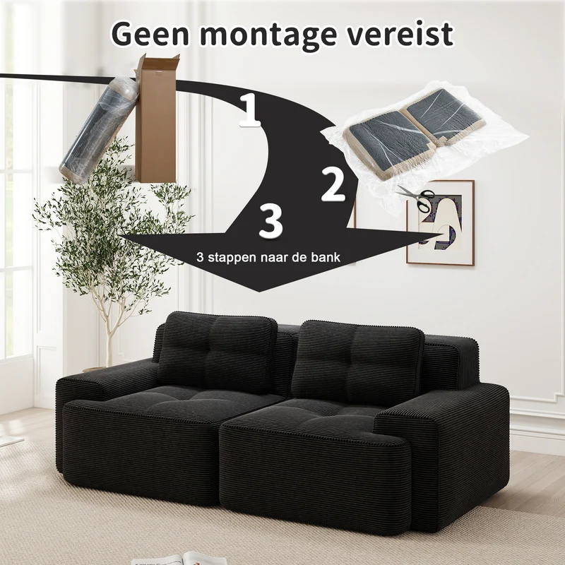 Canapé modulable noir en velours côtelé, 204 cm, assise profonde, style moderne