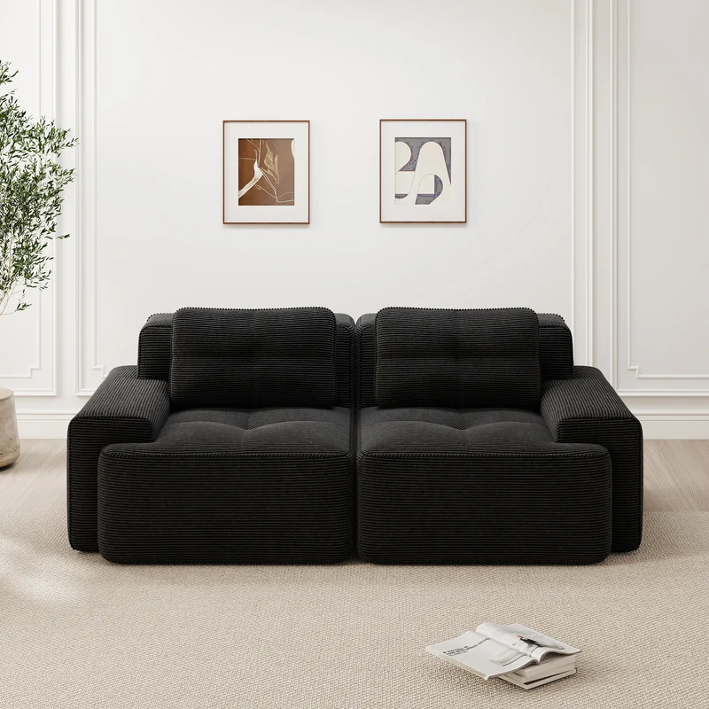 Canapé modulable noir en velours côtelé, 204 cm, assise profonde, style moderne