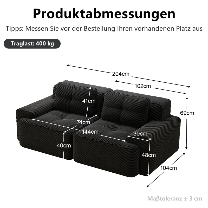 Canapé modulable noir en velours côtelé, 204 cm, assise profonde, style moderne