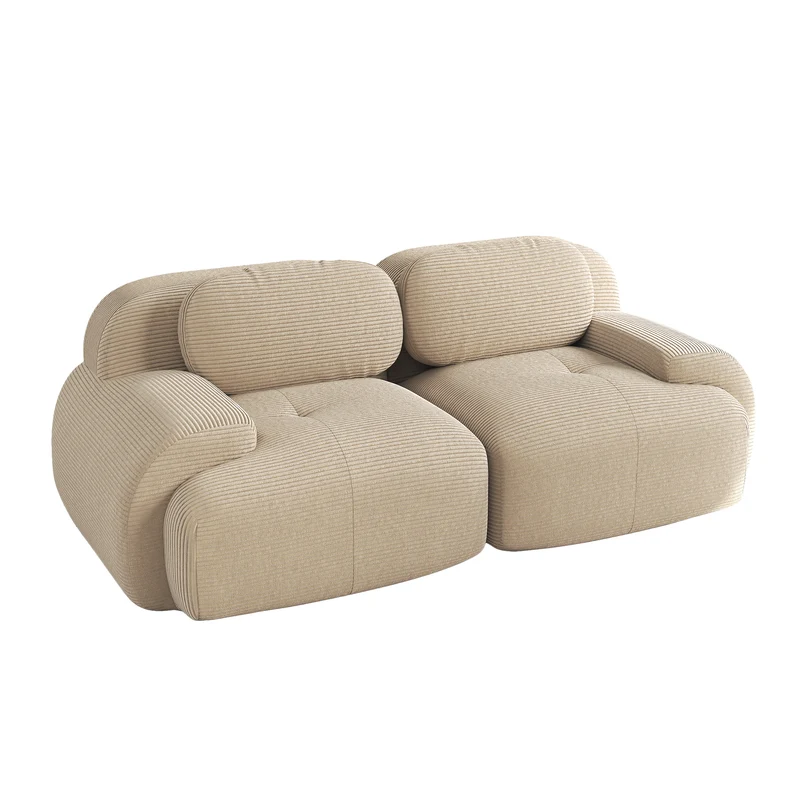 Canapé 2 places en velours côtelé beige, 208 cm, modulable sans cadre, accoudoirs incurvés Voidrealm