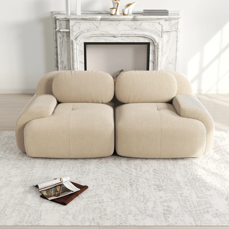 Canapé 2 places en velours côtelé beige, 208 cm, modulable sans cadre, accoudoirs incurvés Voidrealm