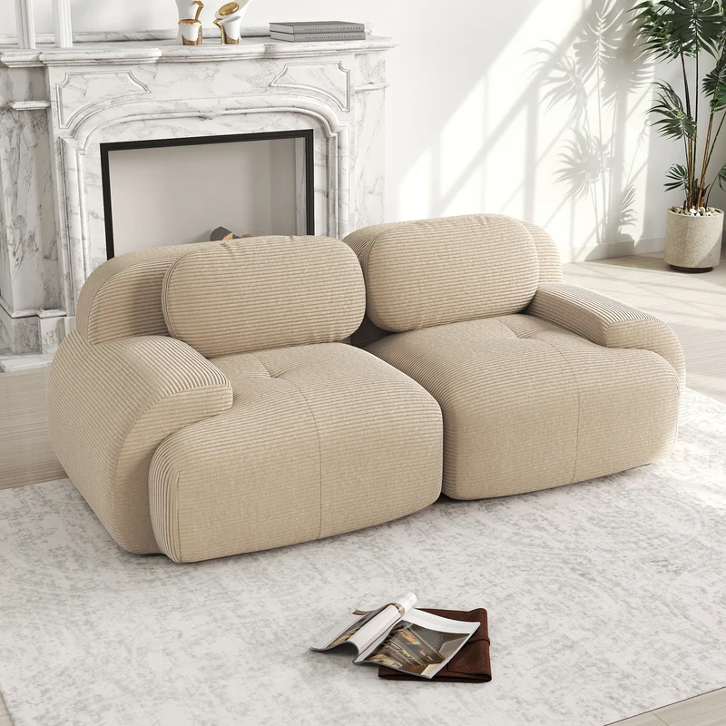 Canapé 2 places en velours côtelé beige, 208 cm, modulable sans cadre, accoudoirs incurvés Voidrealm