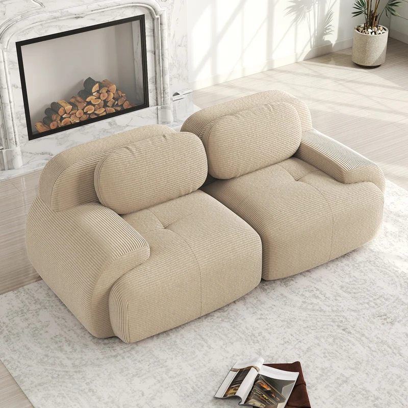 Canapé 2 places en velours côtelé beige, 208 cm, modulable sans cadre, accoudoirs incurvés Voidrealm