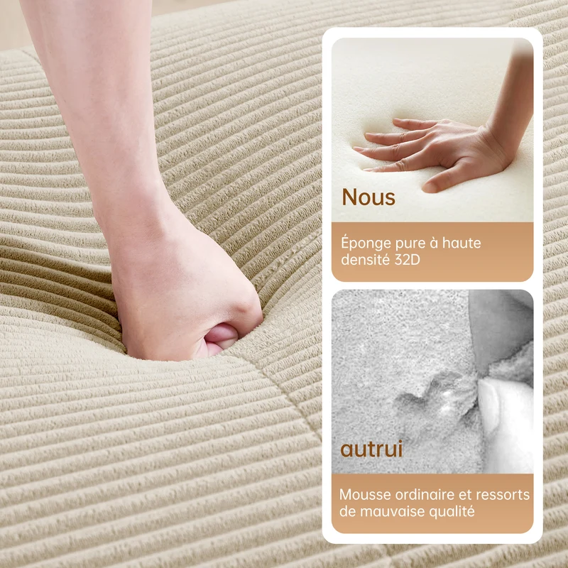 Canapé 2 places en velours côtelé beige, 208 cm, modulable sans cadre, accoudoirs incurvés Voidrealm