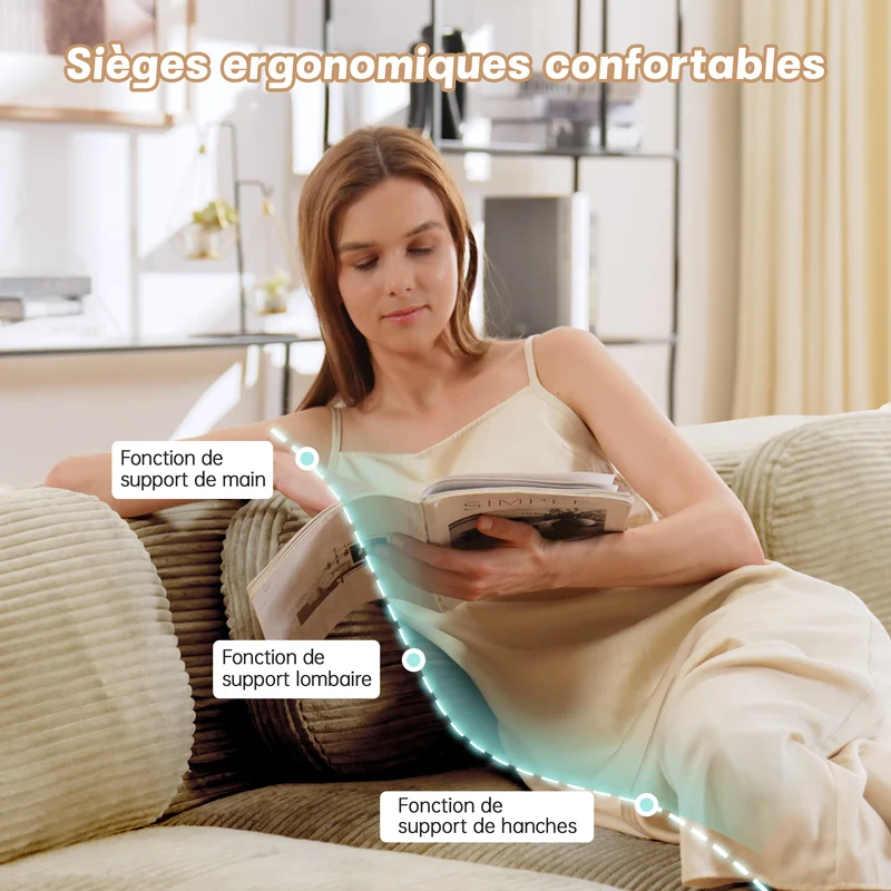 Canapé 2 places en velours côtelé beige, 208 cm, modulable sans cadre, accoudoirs incurvés Voidrealm