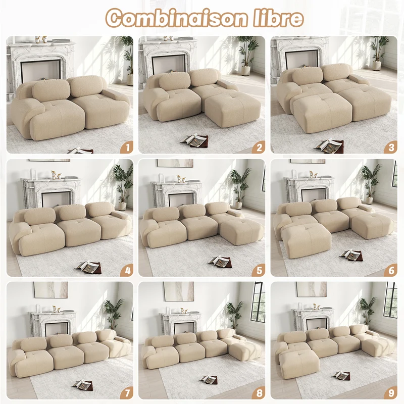 Canapé 2 places en velours côtelé beige, 208 cm, modulable sans cadre, accoudoirs incurvés Voidrealm