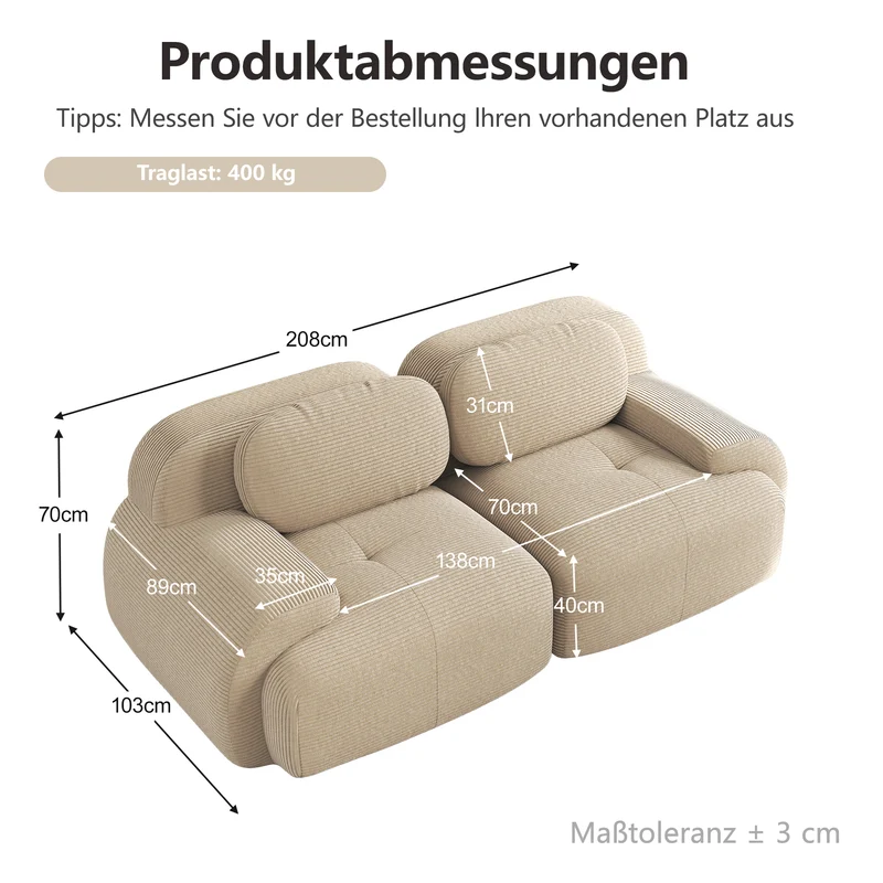 Canapé 2 places en velours côtelé beige, 208 cm, modulable sans cadre, accoudoirs incurvés Voidrealm