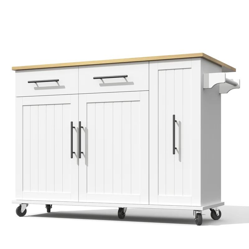 Îlot de cuisine blanc effet bois, style grange, rabattable, mobile avec rangements 120cm WALNUTCONSOLE