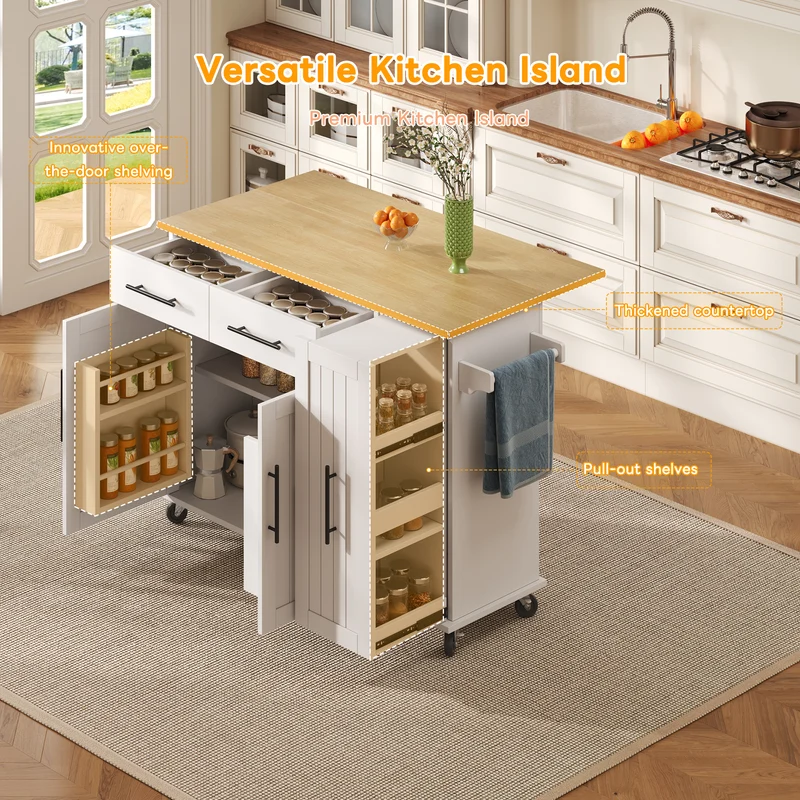 Îlot de cuisine blanc effet bois, style grange, rabattable, mobile avec rangements 120cm WALNUTCONSOLE