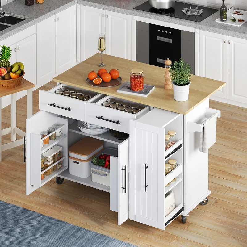 Îlot de cuisine blanc effet bois, style grange, rabattable, mobile avec rangements 120cm WALNUTCONSOLE