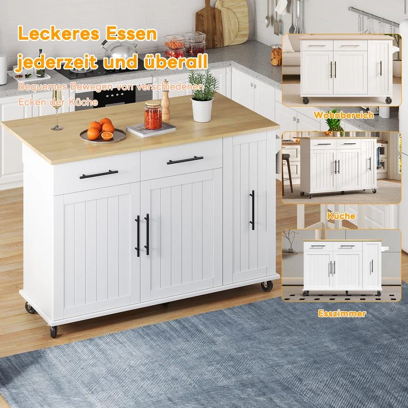 Îlot de cuisine blanc effet bois, style grange, rabattable, mobile avec rangements 120cm WALNUTCONSOLE