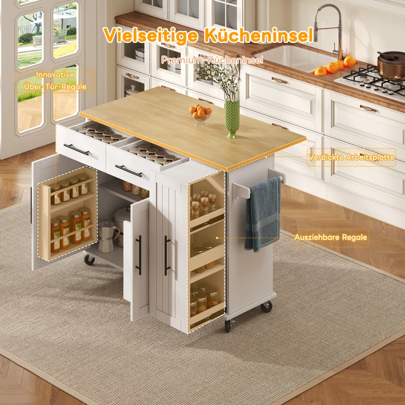 Îlot de cuisine blanc effet bois, style grange, rabattable, mobile avec rangements 120cm WALNUTCONSOLE