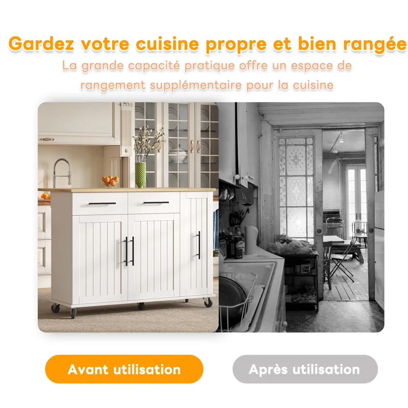 Îlot de cuisine blanc effet bois, style grange, rabattable, mobile avec rangements 120cm WALNUTCONSOLE