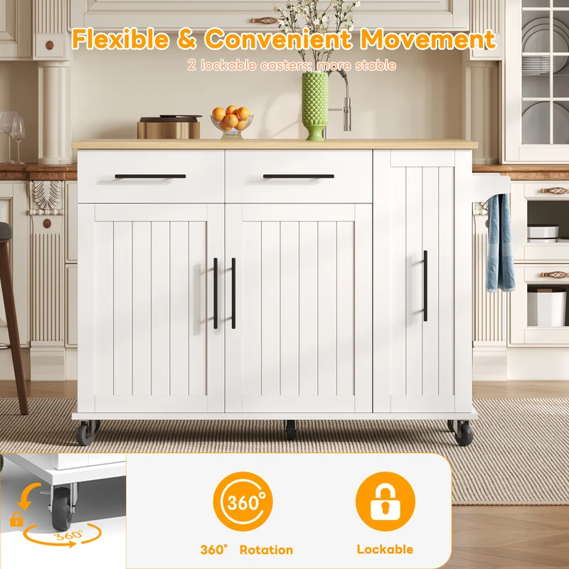 Îlot de cuisine blanc effet bois, style grange, rabattable, mobile avec rangements 120cm WALNUTCONSOLE