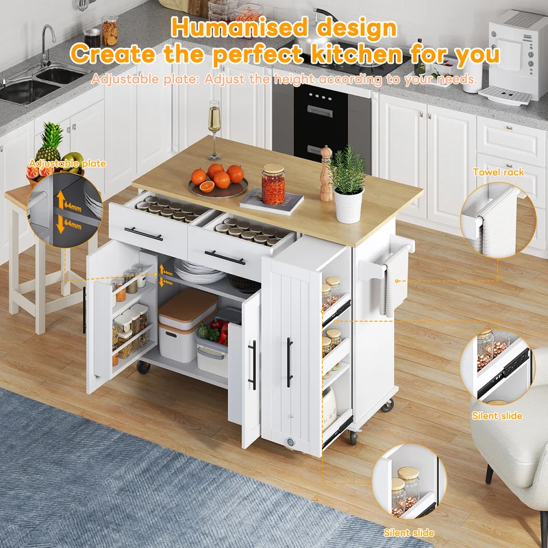 Îlot de cuisine blanc effet bois, style grange, rabattable, mobile avec rangements 120cm WALNUTCONSOLE