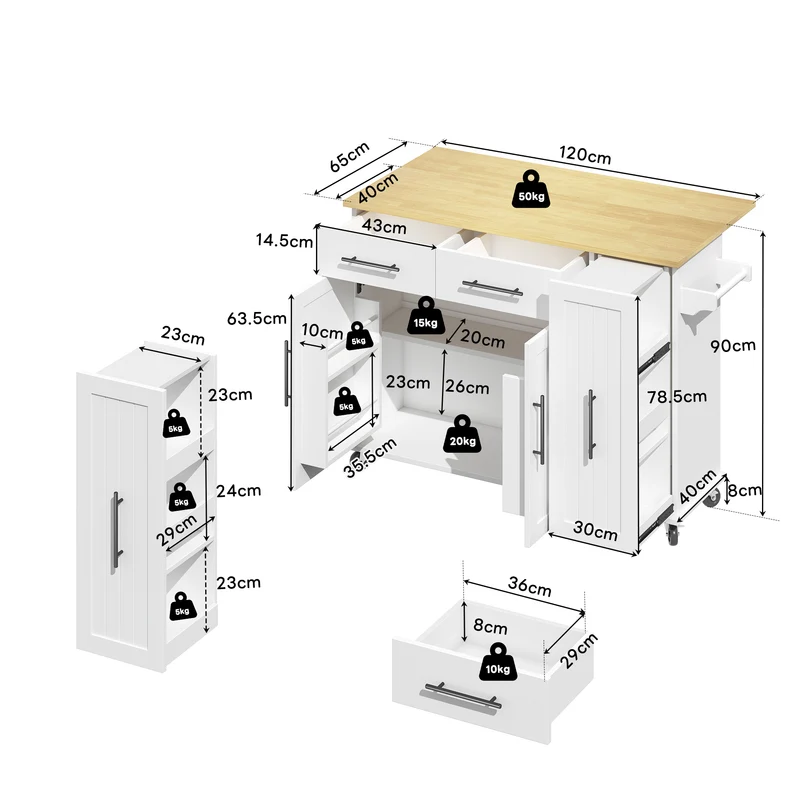 Îlot de cuisine blanc effet bois, style grange, rabattable, mobile avec rangements 120cm WALNUTCONSOLE