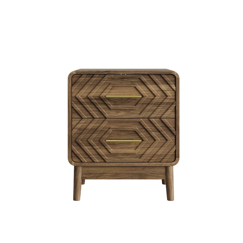 Table de chevet effet noyer, 2 tiroirs sculptés, style mid-century ALPINEFLOOR