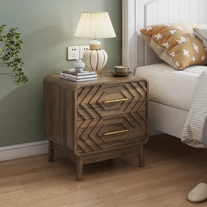 Table de chevet effet noyer, 2 tiroirs sculptés, style mid-century ALPINEFLOOR