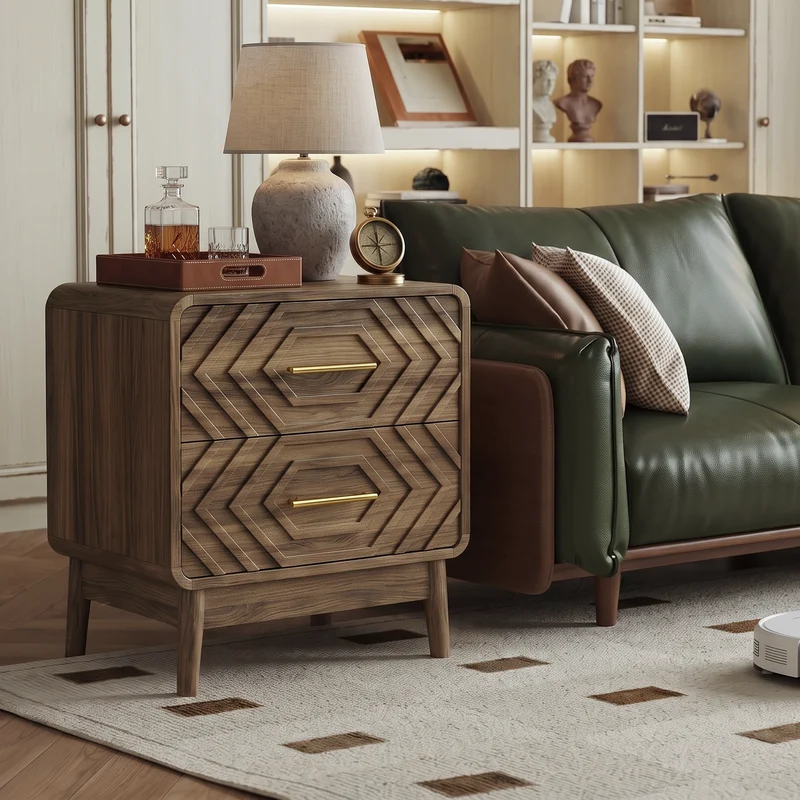 Table de chevet effet noyer, 2 tiroirs sculptés, style mid-century ALPINEFLOOR