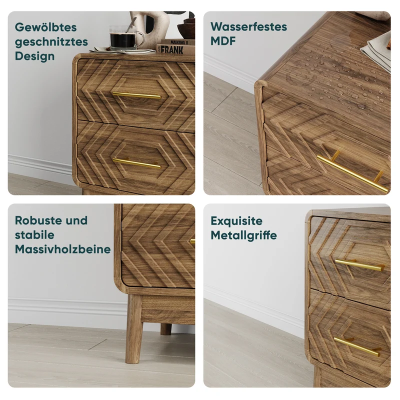 Table de chevet effet noyer, 2 tiroirs sculptés, style mid-century ALPINEFLOOR