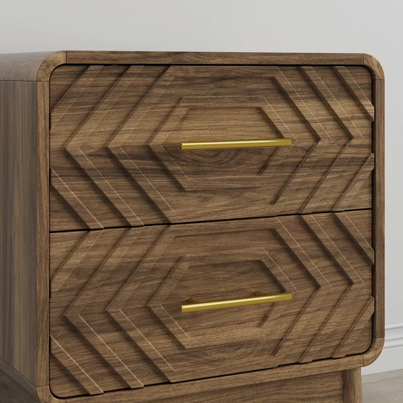 Table de chevet effet noyer, 2 tiroirs sculptés, style mid-century ALPINEFLOOR