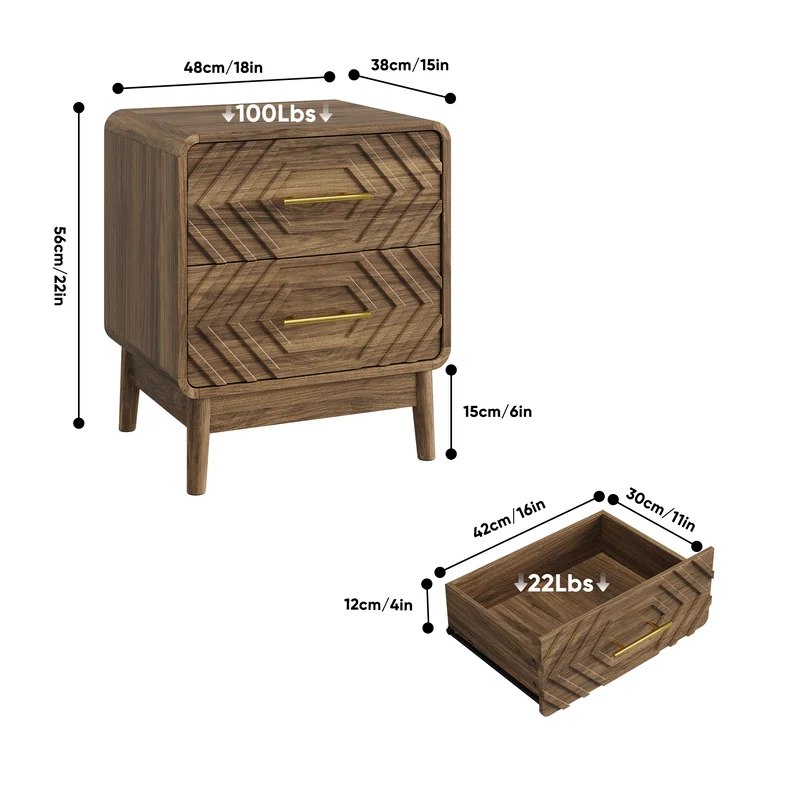 Table de chevet effet noyer, 2 tiroirs sculptés, style mid-century ALPINEFLOOR