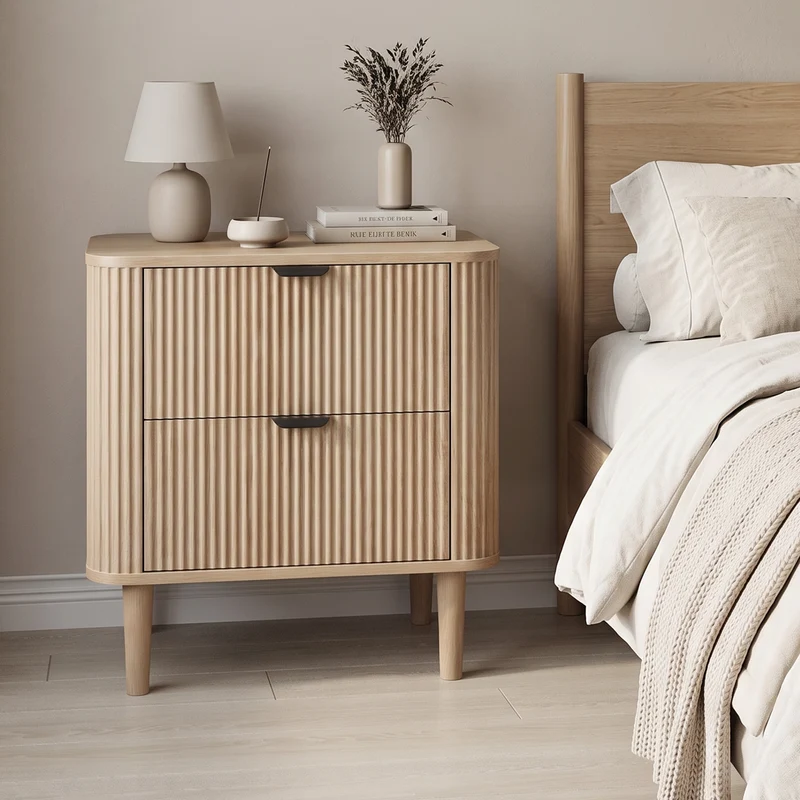 Table de chevet effet chêne cannelés 2 tiroirs, style scandinave ALPINESOFA